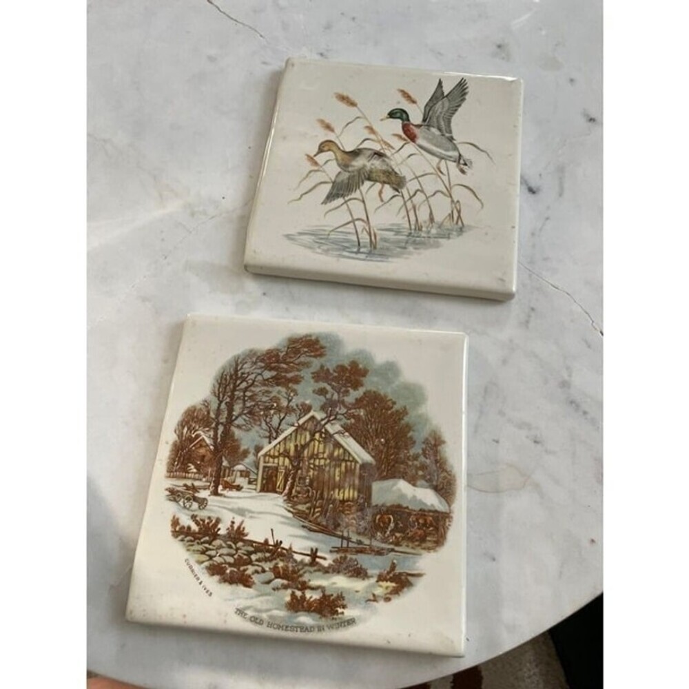 Currier & Ives ER 1972 Ceramic Tile The Old Homestead & Ducks
